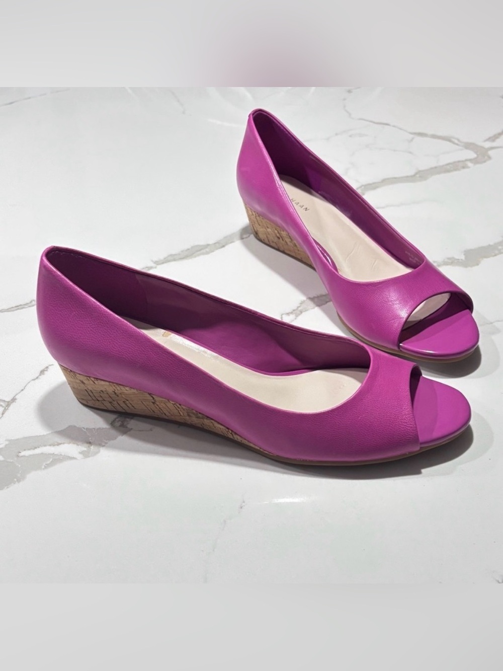 Cole Haan Women's Hot Pink Matte Finish Peep Toe Wedge Heels Cork Pumps Size 7.5